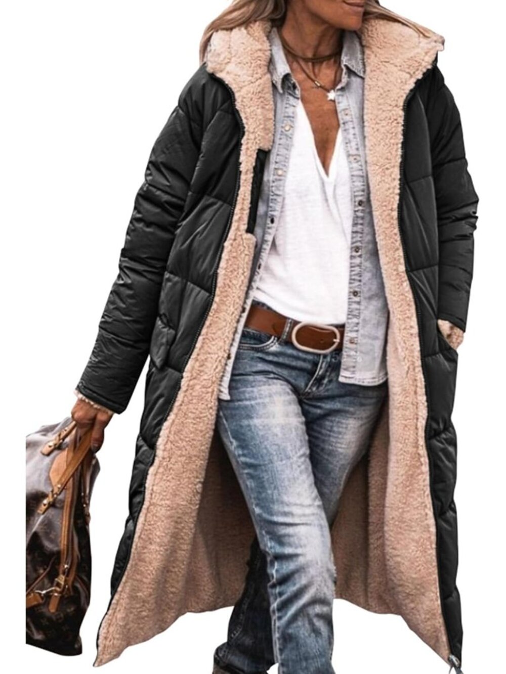 Women's Black Winter Fleece Warm Long Coats Sherpa Faux Fur Hooded Neck Coats